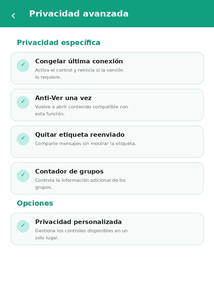 Pantalla de personalización de WhatsApp Plus